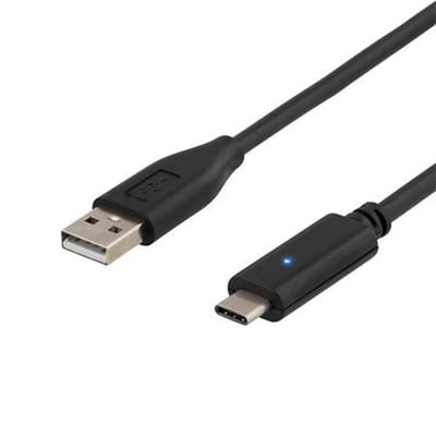 Sort USB A til USB C kabel på 1 meter, vist med begge stiktyper og en lille blå lysdiode.