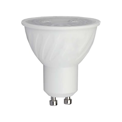 Hvid V-TAC GU10 LED-pære med dæmpbar funktion, 6,5 W og bred lysfordeling på 110°.
