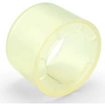 Enkel gummihætte til lamptryk i gennemsigtig gul plastmateriale, vist på en hvid baggrund.