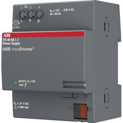 ABB Free-Home strømforsyning PS-M-64.1.1 til DIN-skinne montering, 230V AC indgang og 24V DC udgang med 640mA belastning.