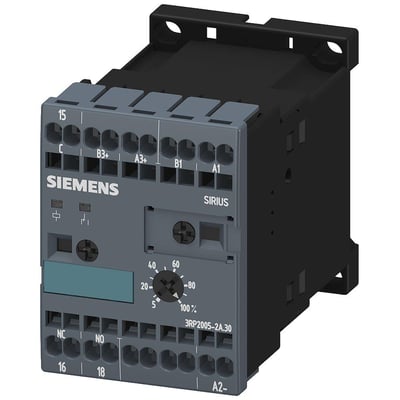 Siemens Tidsrelæ 3RP20 med 1CO, 24V og tidsinterval 0,05s-100h, grå og sort med tydelig urskive til indstilling.