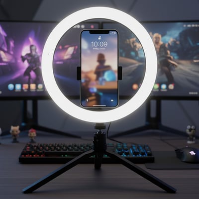 V-TAC LED-ringlys på 10 tommer med bordstativ lyser omkring en mobiltelefon på et skrivebord.