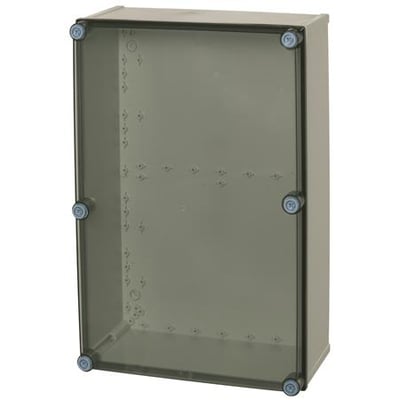 Fibox PC-kasse med klart låg, 600x400x210 mm, viser kabinettet med synlige skruer og gennemsigtigt låg.