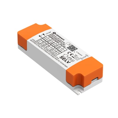Ledvance 22 W-driver til Panel Comfort med gråt hus, orange ender og mærkat, set skråt ovenfra.