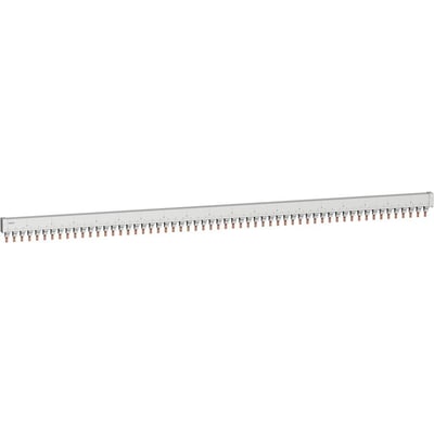 Oversigt over Schneider Electric Multi 9 sløjfeskinne med 57 moduler, 1P, hvid overflade og mange messing stifter på hvid baggrund.