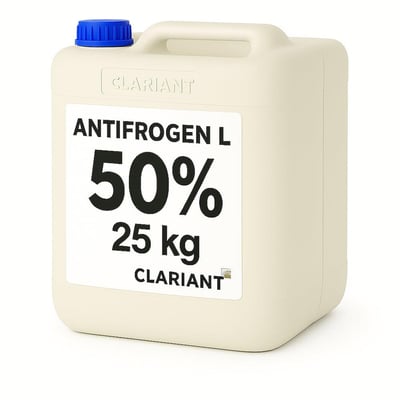 Dunk med Antifrogen L propylenglykol, 50 % og 25 kg, med blå skruelåg og bærehåndtag.