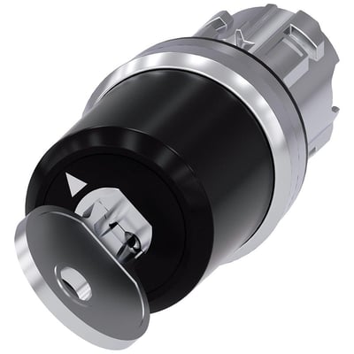 Siemens nøgleafbryder i metal med skinnende front og sort betjeningsring, 22mm diameter, med nøgle isat. Positioneringsmarkør ses tydeligt.
