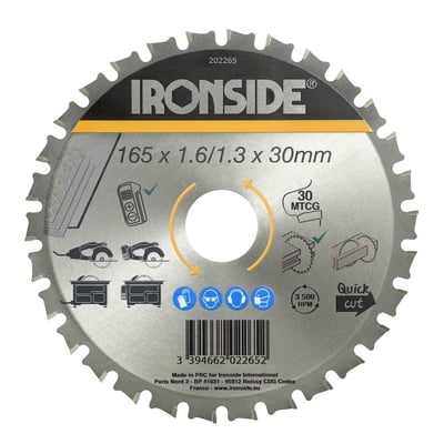 Ironside rundsavklinge til stål, 165 mm, med 30 tænder og MTCG-tandform, set forfra med synlig mærkning.