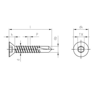Teknisk tegning af pladeskrue 3,5x19 mm DIN 7504-P A2. Viser dimensioner og torx-greb med borespids.