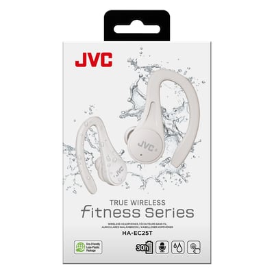 JVC HA-EC25T hvide True Wireless Fitness Series høretelefoner i deres emballage, vist med grafiske elementer.