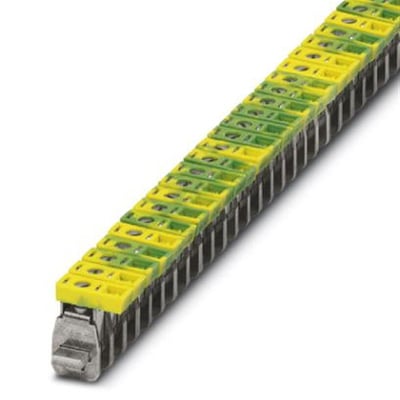 Tæt på Phoenix Contact AKG 16 GNYE tilslutningsklemme i gul/grøn, der viser skruetilslutning og mærkning detaljer.