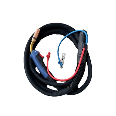 Vandkølet Mig svejsebrænder, 5 meter lang, model 401, med blå og rød slangetilslutning og sort yderkappe.