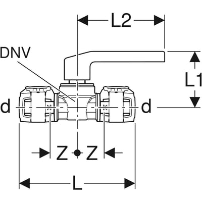 Teknisk tegning af Geberit Flowfit kugleventil med L-greb, viser dimensioner L1, L2, L og d samt Z-mål.
