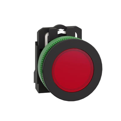 Detalje af Schneider Electric flush signallampe i rød, vist med grønt montagebeslag og 24V LED lyskilde.