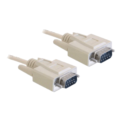 Sort serielt Delock-kabel på 3 meter med to D-Sub9-hanstik, vist med stikenderne ved siden af hinanden.