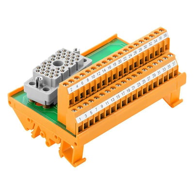 Weidmüllers interface-modul LP2N med 38-polet ELCO-hunstik og orange terminalrækker, set skråt ovenfra.