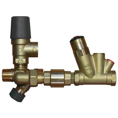 Sikkerhedsaggregat i messing med 3/4" gevind og 10 bar åbningstryk, udstyret med en sort drejeknap og en termostatisk cirkulationsventil med røde og sorte markeringer.
