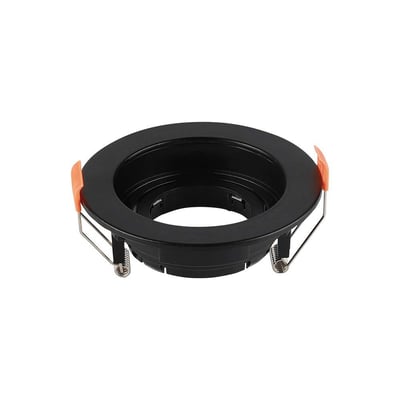 V-Tac Pro sort rund GU10 spotlight fitting lavet af PC med orange fjedre og en hulstørrelse på 85 mm.