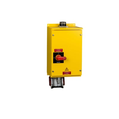 Gul mekanisk CEE stikkontakt med 160A, 6h, IP67 og en rød drejekontakt sat til 'I' (tilsluttet).