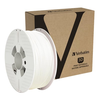Verbatim 3D printer filament PLA 1.75 mm, 1 kg spole i hvid, vist med sin originale papkasse.