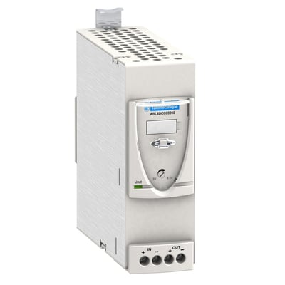 Schneider Electric Phaseo ABL8 konverter modul til 24-28.8V DC input og 5V DC output, med 6A og 30W effekt. Modulet er hvidt med et LCD display og terminaler.