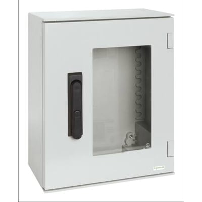 Schneider Electric vægskab 7035 i grå polyester med rude og sort 3-punktslås, 847x636x300 mm.