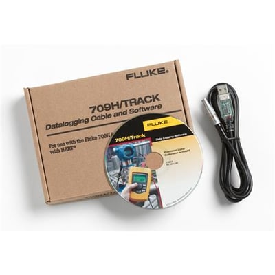 Fluke 709 loggingsoftware og kabel med softwaredisk og tilslutningskabel ved siden af en brun papæske.