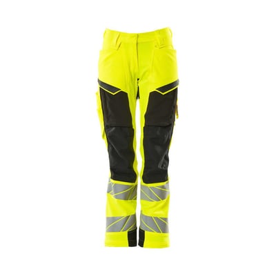 Mascot Hi-Vis damebukser 19078 i gul og sort, med synlige knælommer og reflekser på benene.