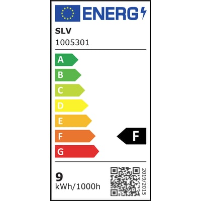 Energimærke for SLV LED-pære A60 med E27-fatning: energiklasse F og forbrug på 9 kWh pr. 1.000 timer.