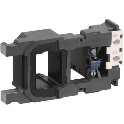 Schneider Electric TeSys spole LX9FG415 til 400-415V AC, viser den sorte spole med hvide terminaler mærket A1 og A2.
