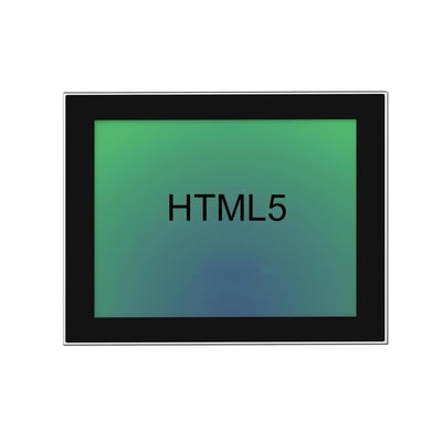 12,1" industriel touch skærm med 'HTML5' vist på skærmen. Skærmen er sort indrammet med en grøn-blå gradient.