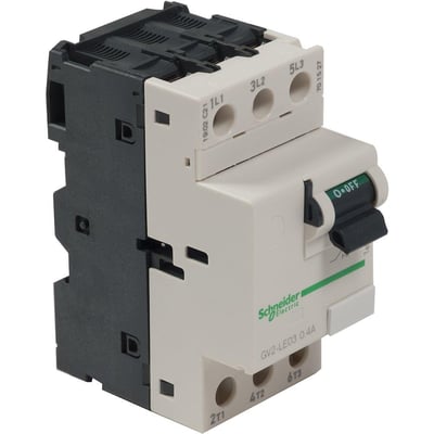 Schneider Electric motorværn GV2-LE03 0.4A med indstillingsområde 13-18A, vist fra siden på hvid baggrund.