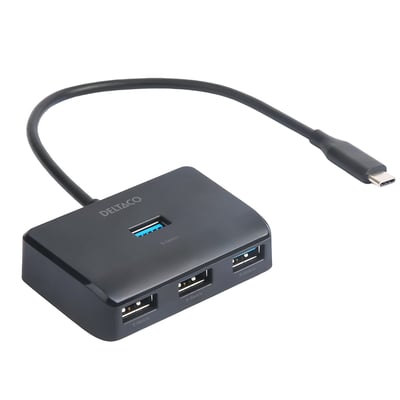 Deltaco USB-C hub i sort med USB-C kabel tilsluttet, fire USB-A porte fremvises forfra.