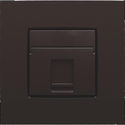 Niko afdækning til dataudtag i mørkebrun farve, med låge og tekstfelt til 1x RJ45 port.