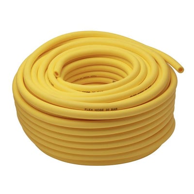 Gul flextrykluftslange i en rulle med 50 meter, mærket 'FLEX HOSE 20 BAR', ideel til trykluft og lave temperaturer.