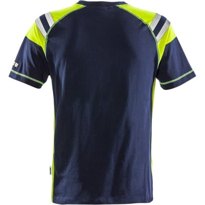 Bagfra af Fristads Flamestat T-shirt 7073 M i mørkeblå med neongule paneler langs siderne og på skuldrene.