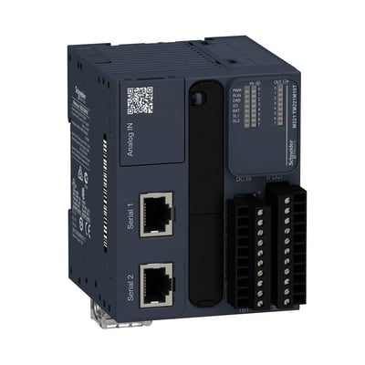 Schneider Electric Modicon M221 PLC med fokus på frontpanelet med status-LED'er, knapper og tilslutningsporte, inklusive 2 analoge indgange.