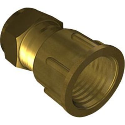 Messing overgangsstykke med 3/4" gevind og 15 mm kompressionskobling med muffe, ideel til rørinstallationer.