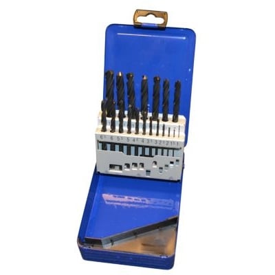 Pro-Fit hss-metalborsæt med 19 dele, størrelser 1-10 mm, i blå metalæske med hvid indsats, der viser borstørrelser.