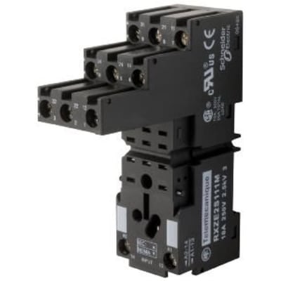 Detaljeret visning af Schneider Electric Zelio RXZE2S111M relæsokkel, der viser mærkninger og tilslutningspunkter.