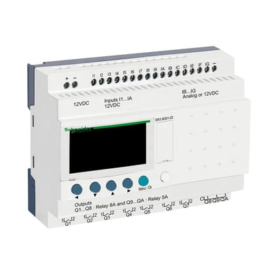 Schneider Electric Zelio 16I/10U smart relæmodul med ur og 12VDC, vist forfra med tydelig mærkning af input og outputterminaler.