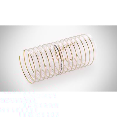 Merlett flexslange til træpillefyr i klar polyurethan med kobberbelagt stålspiral, Ø75 mm diameter, vist bøjet på hvid baggrund.