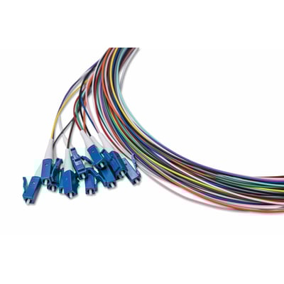 Sæt med 12 stk. 2 meter lange SingleMode G657A SemiTight pigtails med LC/UPC konnektorer i 12 forskellige farver, Ø0,9mm.