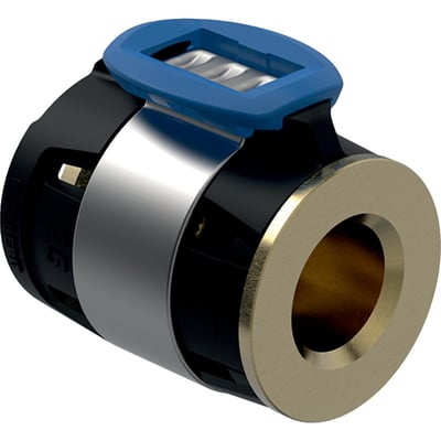 Farvefoto af Geberit FlowFit endeprop til 20mm rør i blyfri siliciumbronze med blå udløserhåndtag.