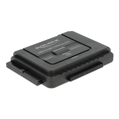 Sort DeLock USB 3.0 til SATA- og IDE-converter med de to IDE-stik synlige set skråt ovenfra.
