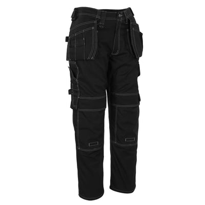 Fuld længde billede af MASCOT® Hardwear Ronda håndværkerbuks i sort, viser alle funktioner og kontrastsyninger.