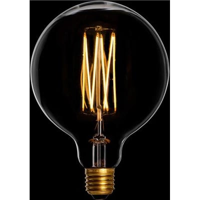 DANLAMP Mega Edison LED-lyskilde med E27-fatning og 2200 K, vist forfra med rund glaskolbe og lysende filamenter.