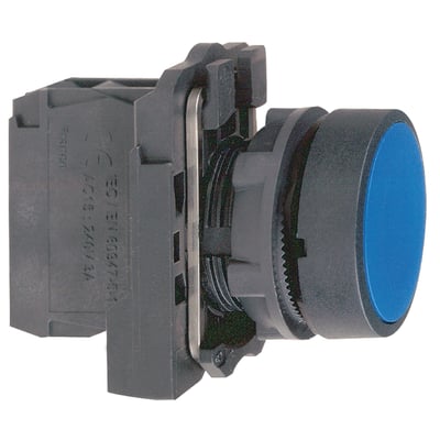 Schneider Electric trykknap, blå, 22mm diameter, 1NO kontakt, set fra siden, viser monteringsdetaljer.