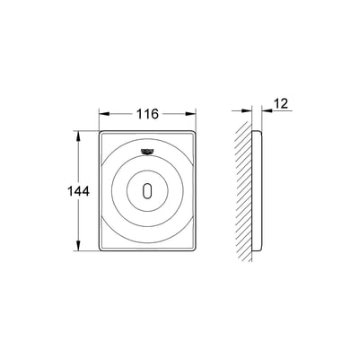Teknisk tegning af Grohe Tectron Surf urinal armatur, viser mål 116x144mm og tykkelse 12mm i krom.