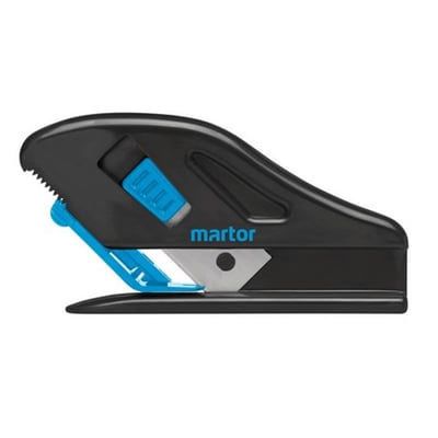 Martor Secumax Mobilex sikkerhedskniv i sort med blå detaljer, viser justerbar klippehøjde.
